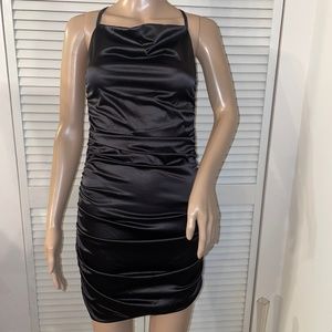 NWOT Women's Satin Spaghetti Straps Ruched Backless Bodycon Cocktail Mini Dress